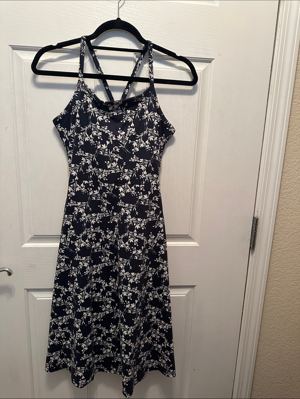 Pact Organic Cotton Navy and White Floral Strappy Midi Dress Built in Bra Sm